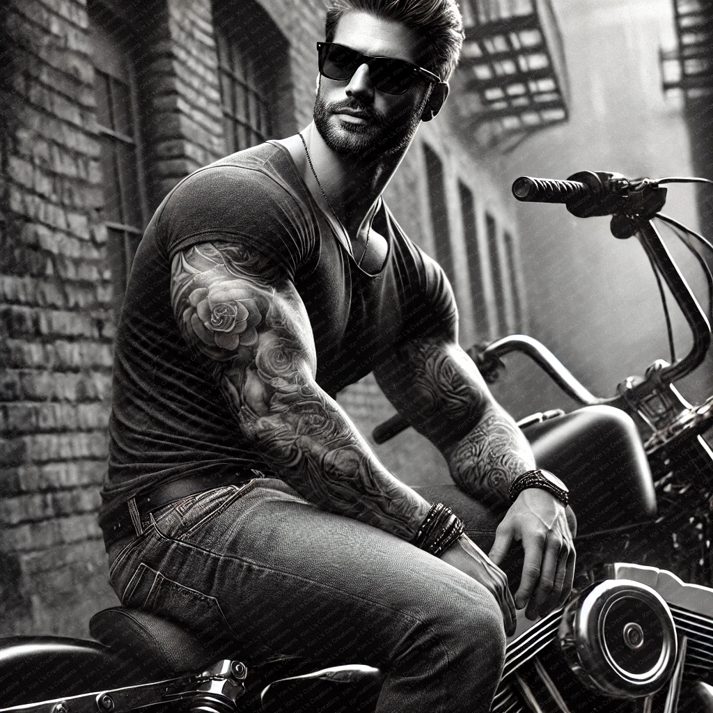 Tattooed Biker in Urban Alley