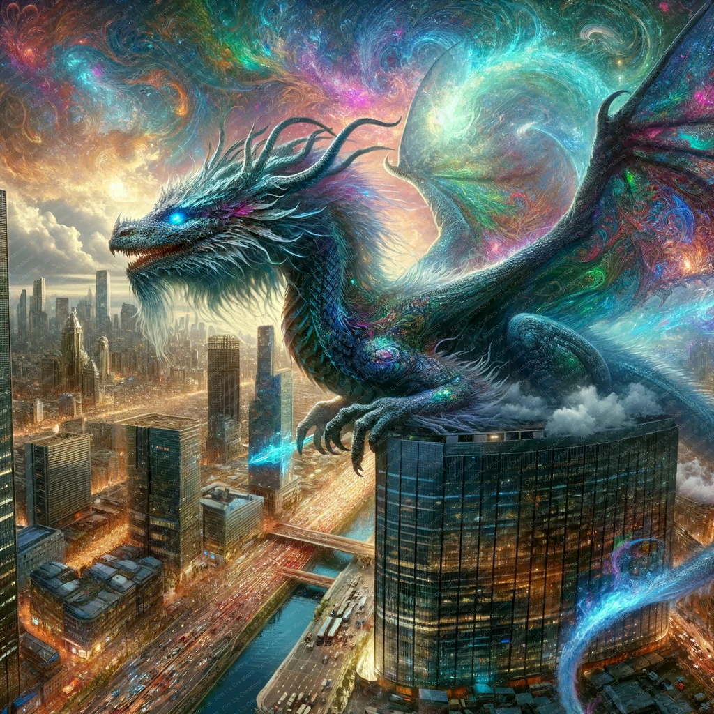 Dragon Overlooking Modern City