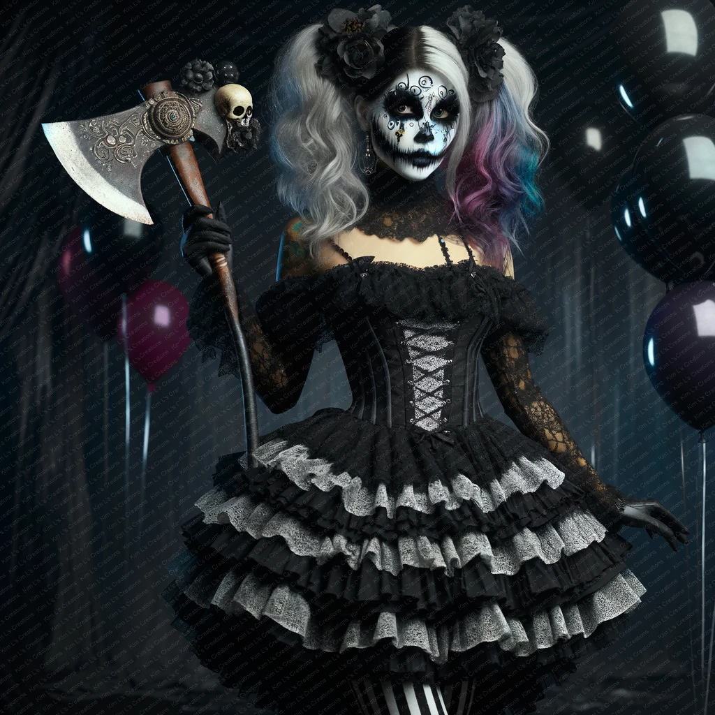 Gothic Doll with Axe and Balloons