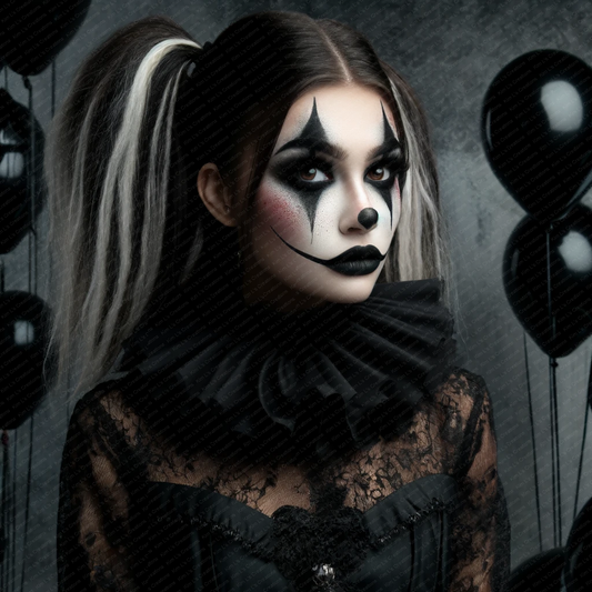 Gothic Clown Woman with Black Balloons