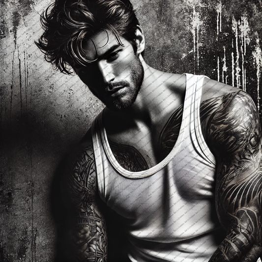 Gritty Black and White Tattooed Man