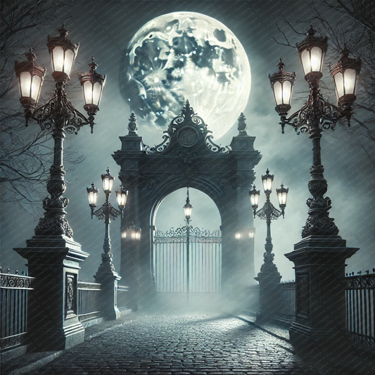 Gothic Moonlit Gate with Lanterns