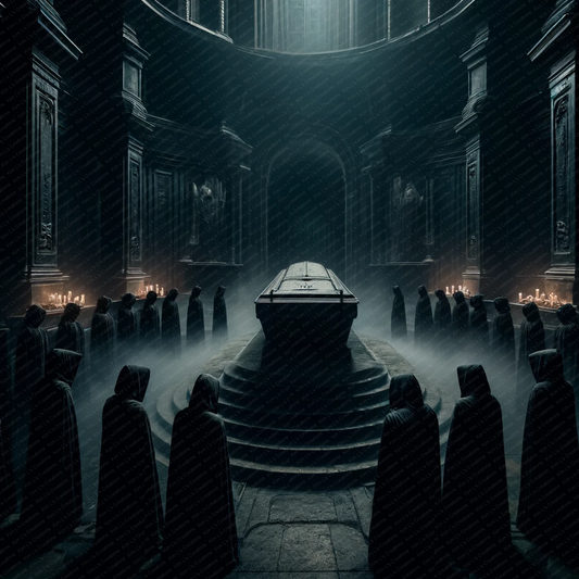 Dark Chamber with Hooded Figures