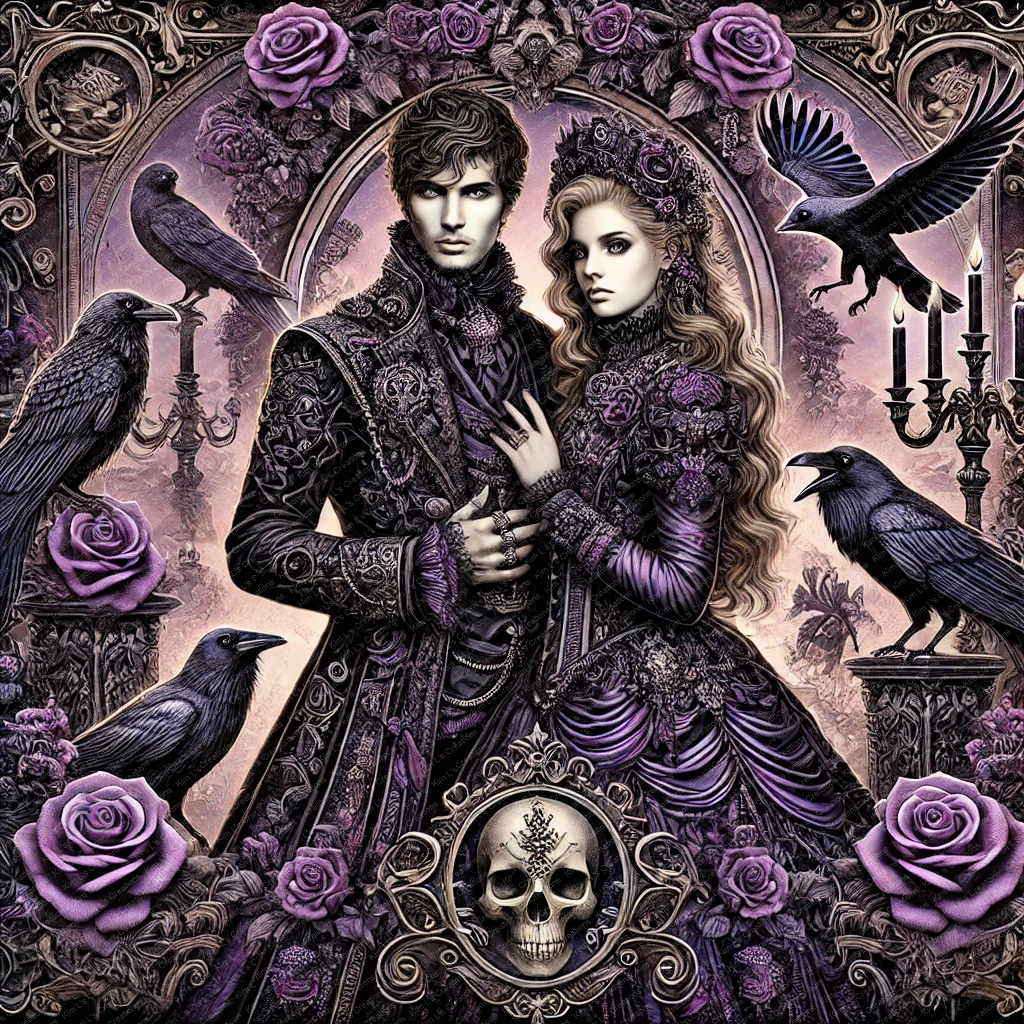 Gothic Couple with Ravens and Purple Roses