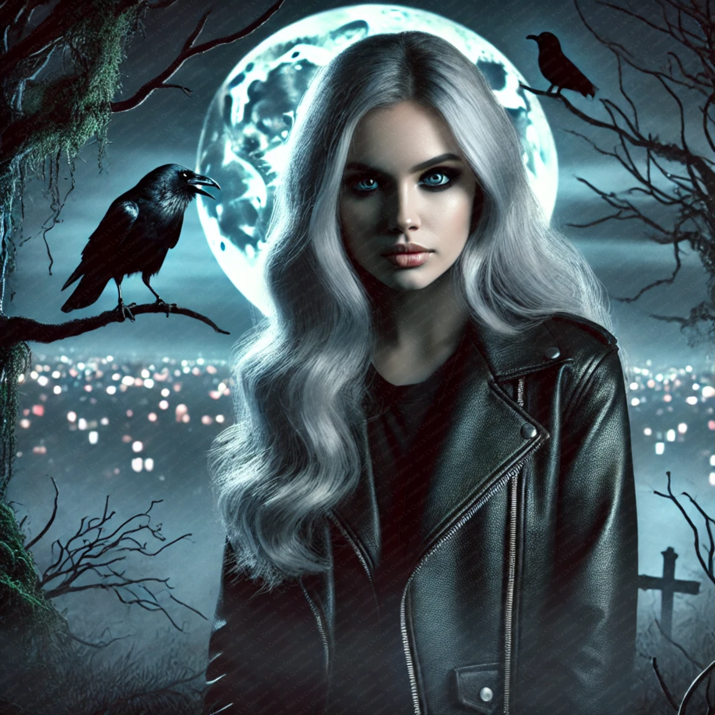 Moonlit Woman with Ravens