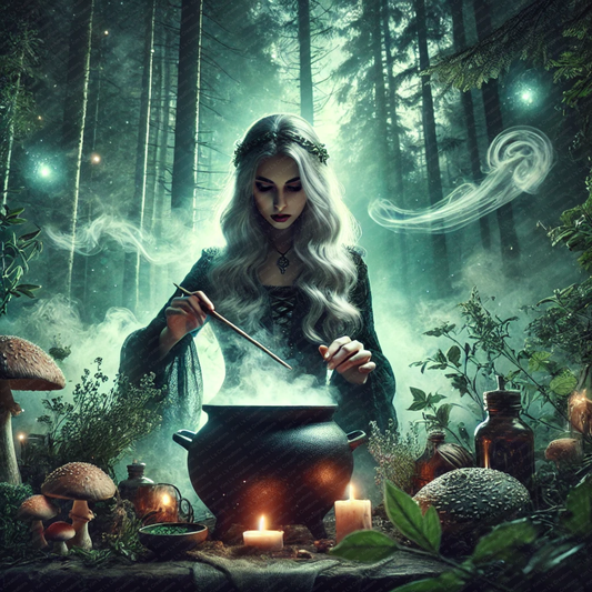 Enchanted Forest Witch Brewing a Potion