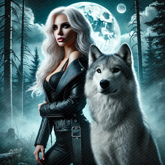 Forest Woman with Grey Wolf