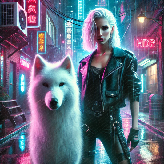 Cyberpunk Woman with White Wolf