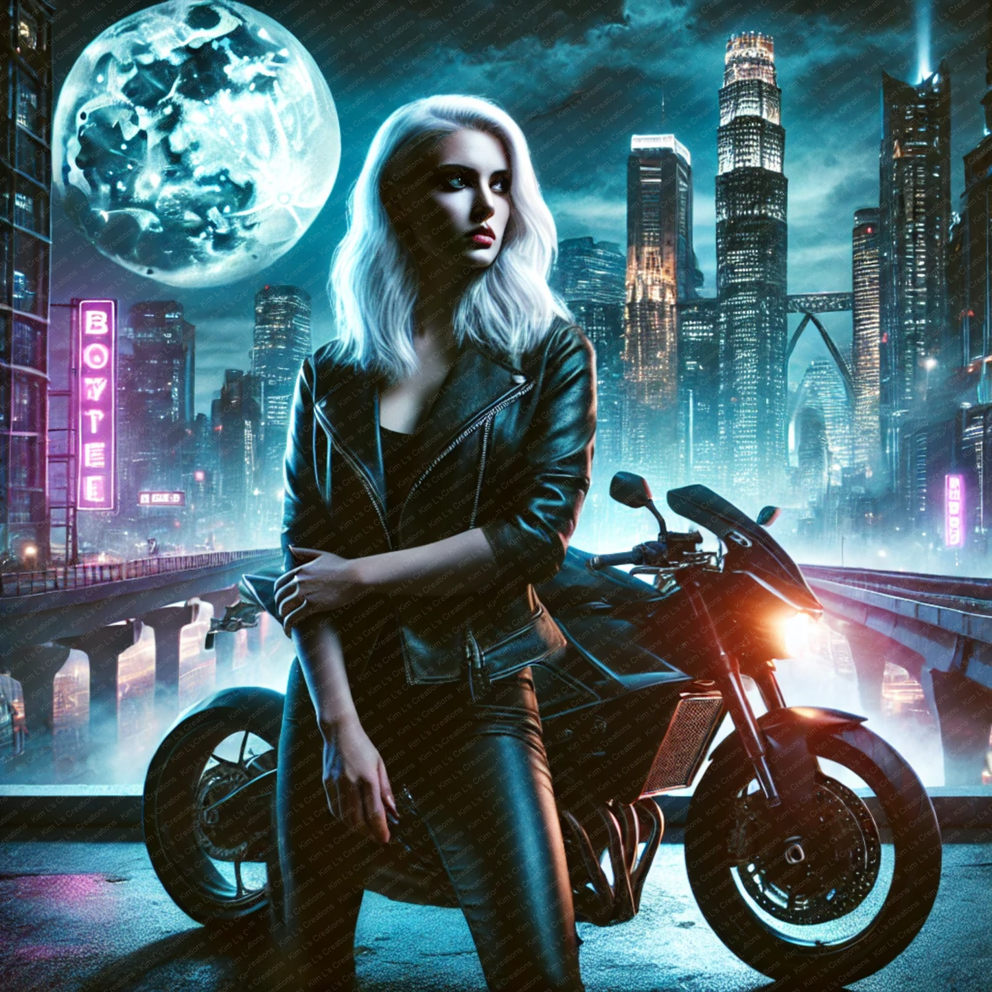 Biker with Moonlit Cityscape