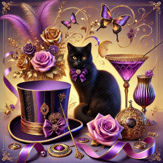 Black Cat with Purple Roses and Top Hat