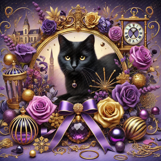 Black Cat with Purple Roses