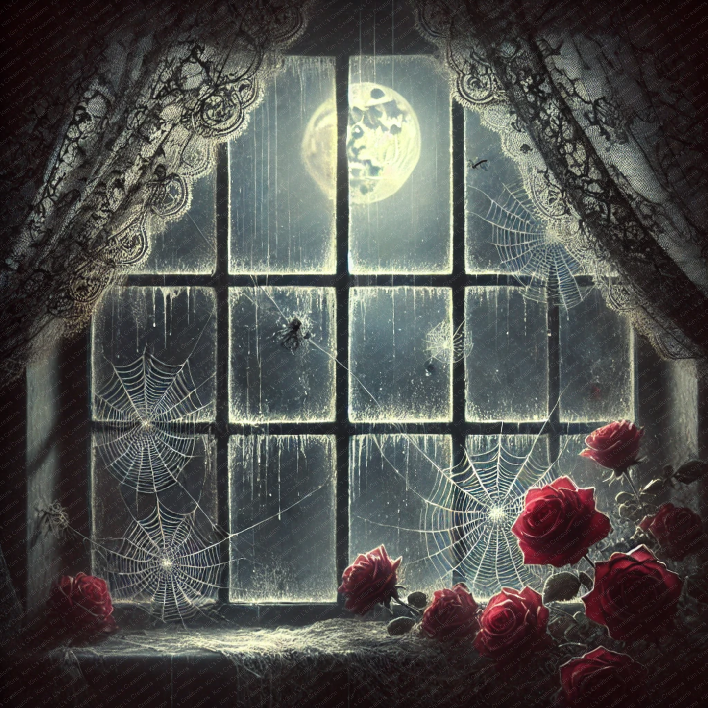 Moonlit Window with Roses