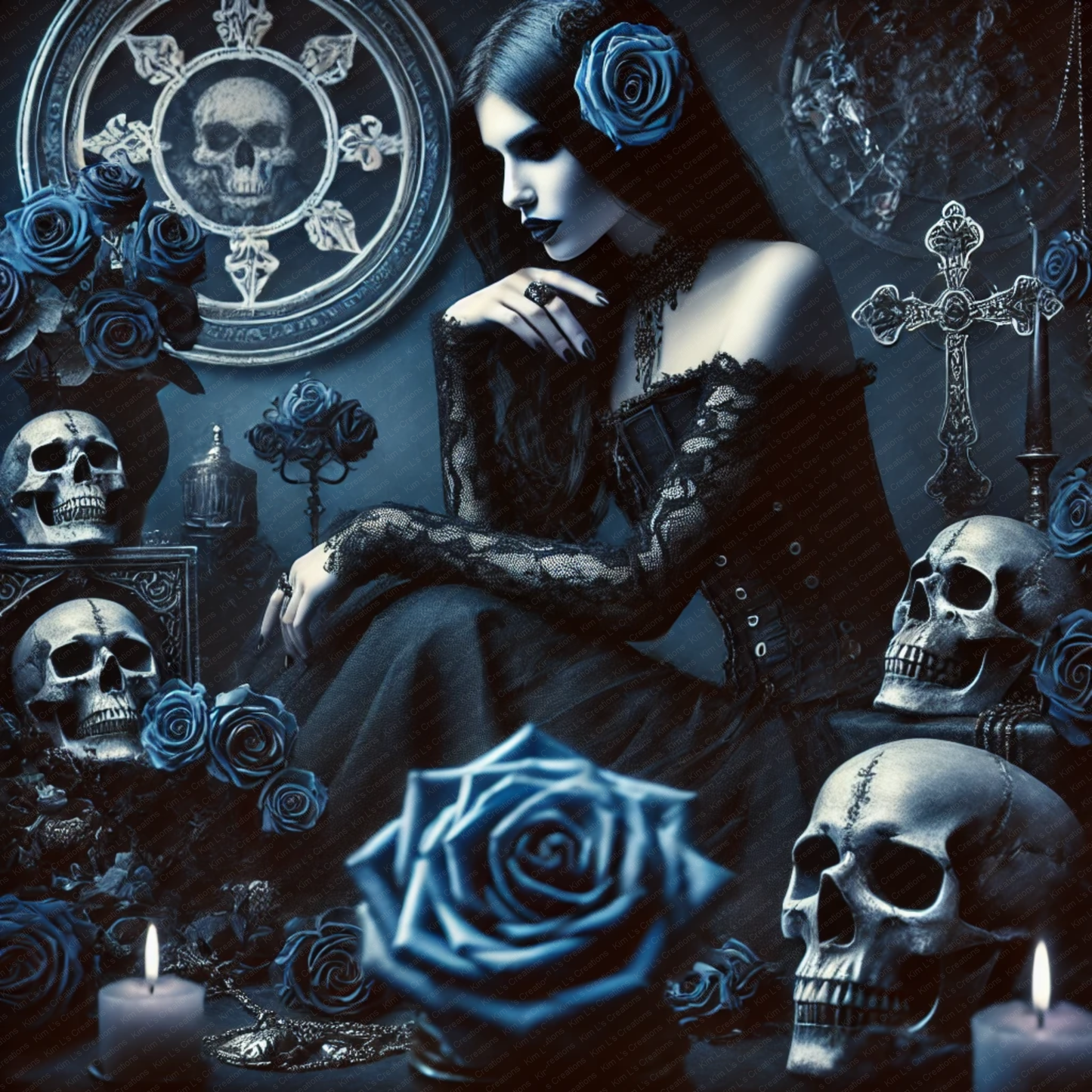 Gothic Woman with Blue Roses and Skulls