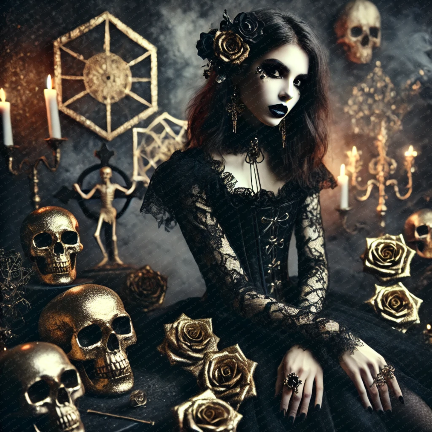 Gothic Woman with Gold Skulls