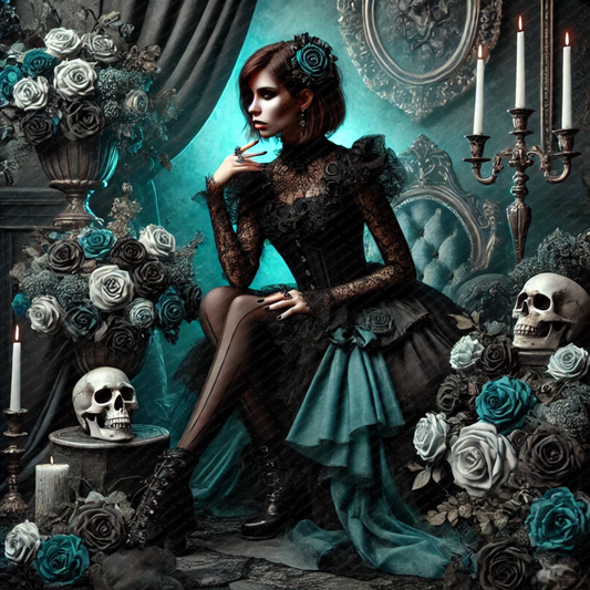 Gothic Woman with Teal Roses and Skulls