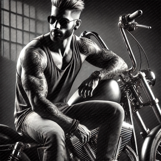 Tattooed Biker on Motorcycle