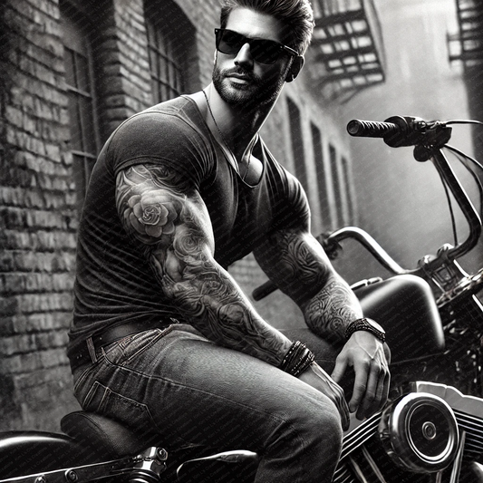 Tattooed Biker in Urban Alley